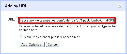 b) In Microsoft Outlook: o o o Select the link for Internet Calendar Subscription You will be prompted to Add an Internet Calendar to Outlook enter your TeamPage webcal://.
