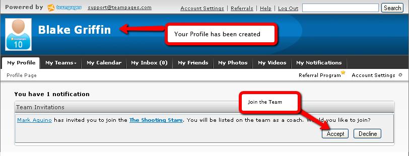3. Once you have successfully signed into your TeamPages account, you will be presented with a notification requesting for you to accept your Team s invitation.