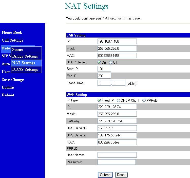 NAT Settings 3. The NAT settings page will be shown as follows. LAN Setting: 4.
