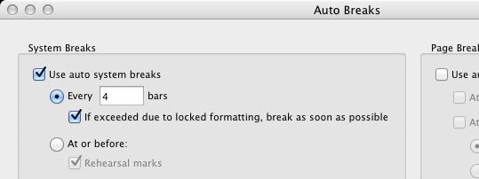 Auto Breaks Sibelius 5 & 6: go to Layout > Auto Breaks Sibelius 7: go to Layout > Breaks > Auto Breaks Check the Use auto system breaks box Select the Every _ bars option and type the desired number