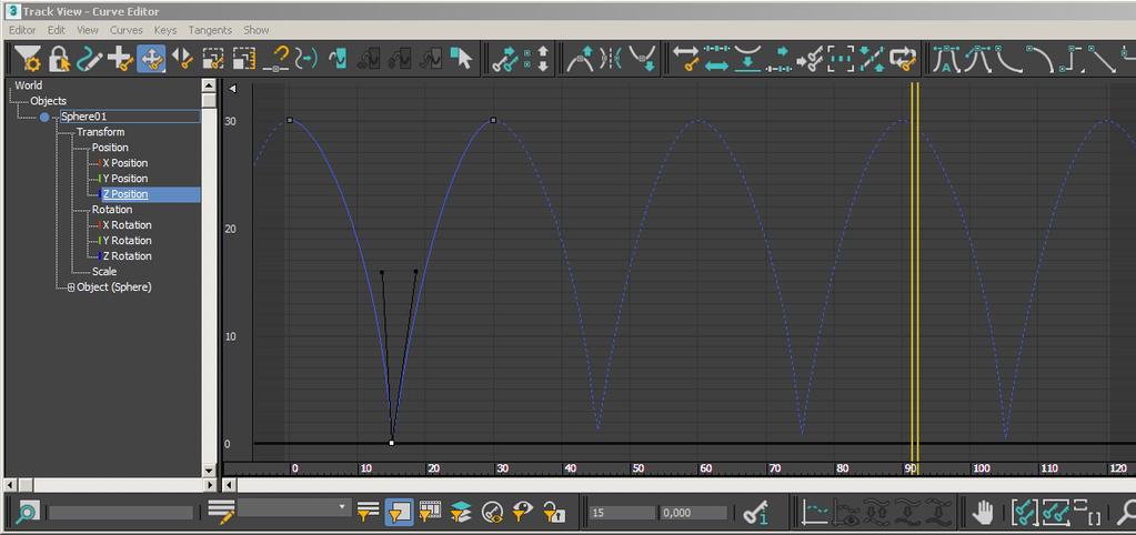 Tip: You can create keys for the out-of-range curves by choosing Utilities > Track View Utilities > Create Out of Range Keys. 9. Play the animation. The ball bounces over and over. 10.