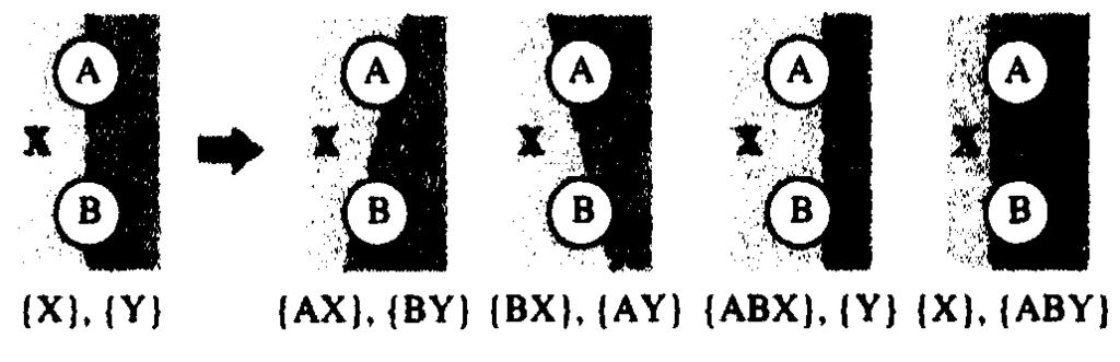 Figure 10: SCPs including the points on the classifying line Figure 9: Classifications for the constraint propagation, that is, BCX = - if ABC = + and BCX = + if ABC = -.