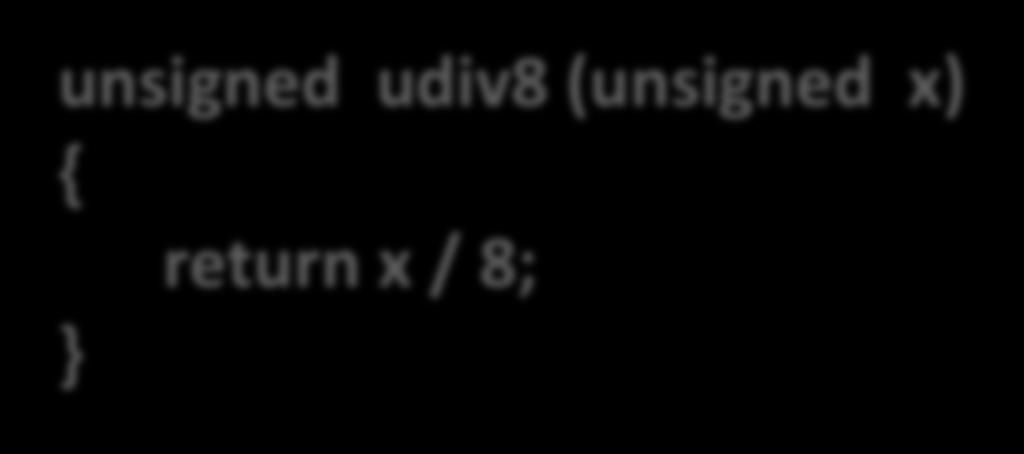 Division (2) Compiled unsigned division code Uses logical shift for unsigned Logical shift written as >>> in Java C Function unsigned udiv8 (unsigned x) {