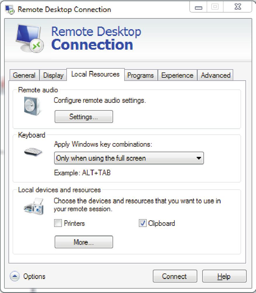 4. Still in the Options window, allow Expert Advisor to be imported from your work computer by selecting the Local Resources tab. Under Local devices and resources, click More. 5.