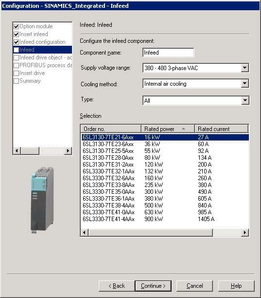 Commissioning (software) 7.2 Performing offline configuration for the 3. In the "Infeed configuration" dialog box, enter a name for the drive object and select a type for your infeed (e.g. Active Infeed).