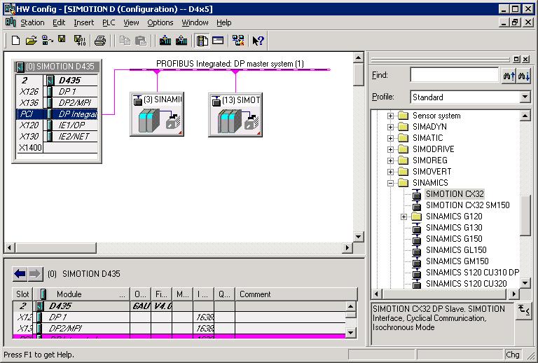 Commissioning (software) 7.4 Configuring a CX32 4. Drag a SINAMICS CX32 to the PROFIBUS Integrated master system of the SIMOTION D module.