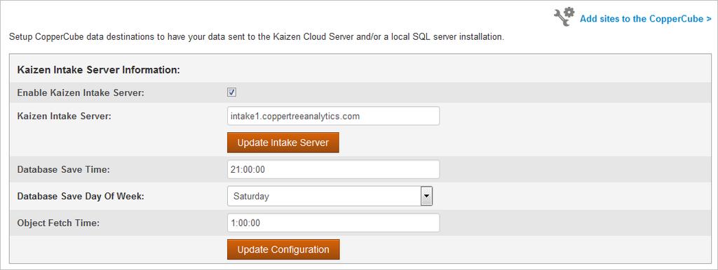 4. Set Data Destinations The CopperCube is able to archive data internally within the device. Alternatively, the CopperCube can also send data to Kaizen Cloud Server and/or to a SQL database.
