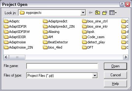 Opening an Existing Project Project->Open Select a.pjt file and press Open.