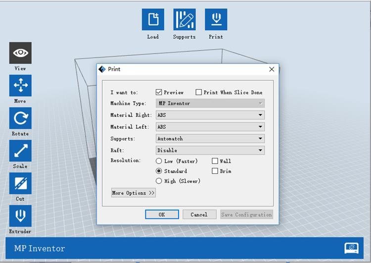Printing a Model Click the Print icon on the main interface to slice the model and print the resulting Gcode file, either directly from FlashPrint or by first exporting it to the SD card.