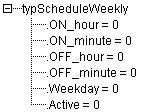Weekly time-switching program (FbScheduleWeekly) Structure of the typscheduleweekly variable: Data structure of the weekly timeswitching program Configuration interface: Time Referenced Behavior: