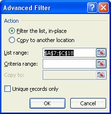 Observe that Excel has detected the List range i.e. the range of cells is from A7 to C18 including the header row. 7.