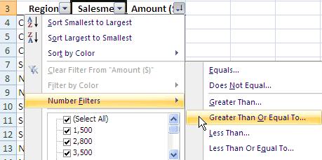 To do this, click on the Amount drop down list and select Number Filters followed by Greater Than Or Equal To as outlined below. 12.