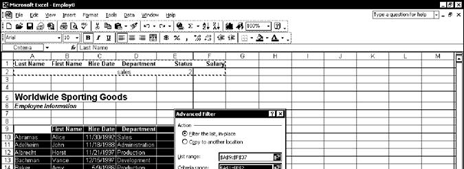 Lesson 4 - Working with Advanced Filters Excel 2002 - Lvl 3 Using an advanced And condition 1. Copy the column labels to the range where you want to create the criteria. 2. Select the cell below the criteria label of the field you want to search.