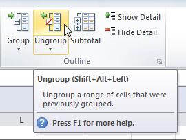 In this example, we'll ungroup size Small. Selecting cells to ungroup 2.
