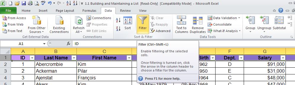 4. Filtering Filtering is a quick and easy way to find and work with a subset of data in a range. A filtered range displays only the rows that meet the criteria you specify for a column.