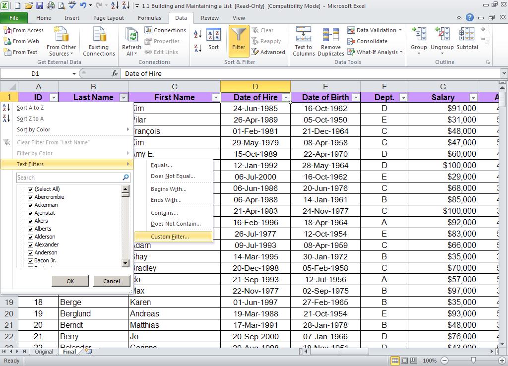 4.1.3 Start Filtering Data Suppose your worksheet contains customer sales data.