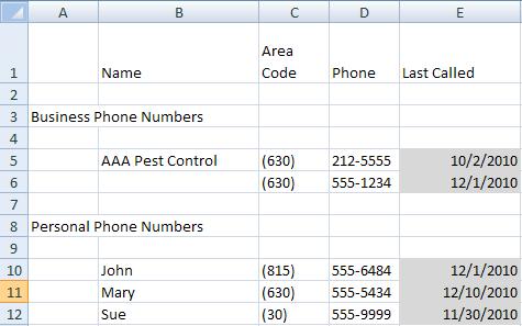 Page 5.12 Figure 5.15 A phone book sample spreadsheet First, select the area to be printed by clicking and dragging to highlight the cell range.