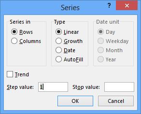 Series The SERIES COMMAND is used to fill a range of cells with a sequence of values. This is useful to quickly insert numbers (eg from 1 to 10), or consecutive dates.