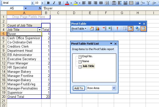 The third way to extract unique records is only available in Excel 2007. To use this method, select your data, in this case the job titles.