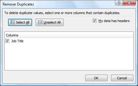Excel will remove the duplicate values, leaving you with unique records. This is by far the quickest and easiest way to obtain unique records, but is not available in Excel 2003.