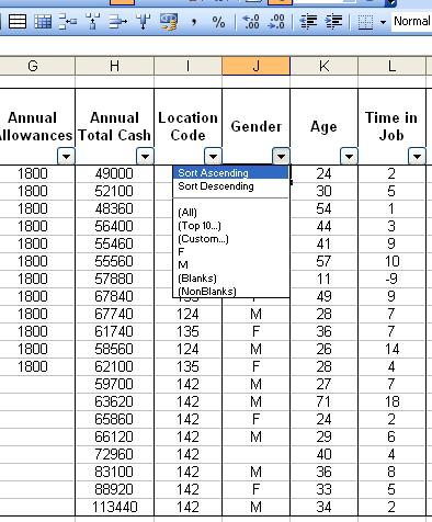 Excel 2003 Data Filter Once you have put on the data filter, you can click on the down arrow on any of the columns, see the example below for the Gender column.