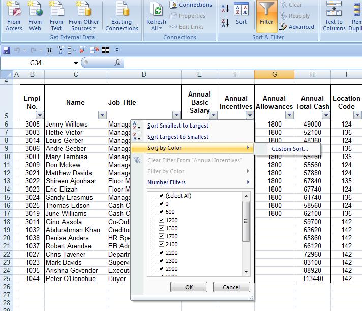 The biggest difference from Excel 2003, is that in 2003, you can either select All or one field at a time. In 2007, if you uncheck the Select All box, you can select more than one field to filter to.