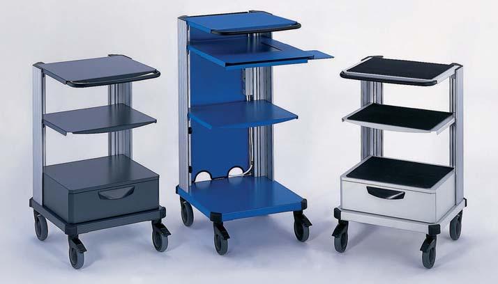 Knürr MetraMobil Strong points Variability - A completely individual cart can be configured from a basic frame in 2 heights, 3 colors and 5 module components.
