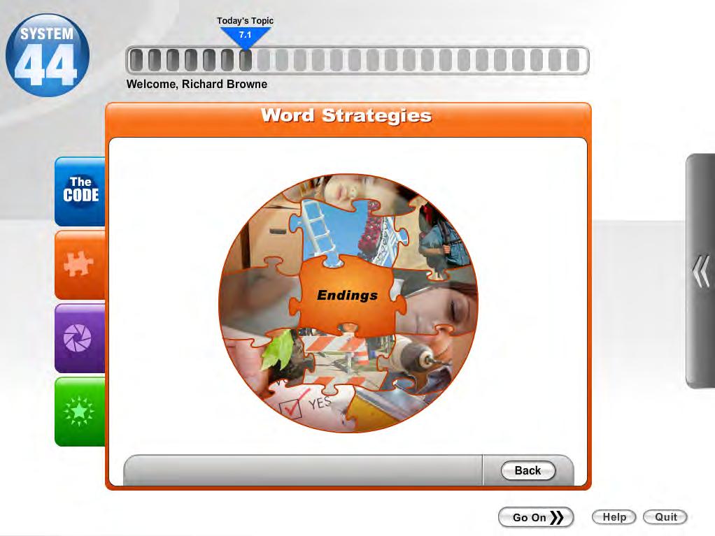 Each Word Strategies puzzle screen functions roughly the same way. The first screen displays an interlocking set of images.