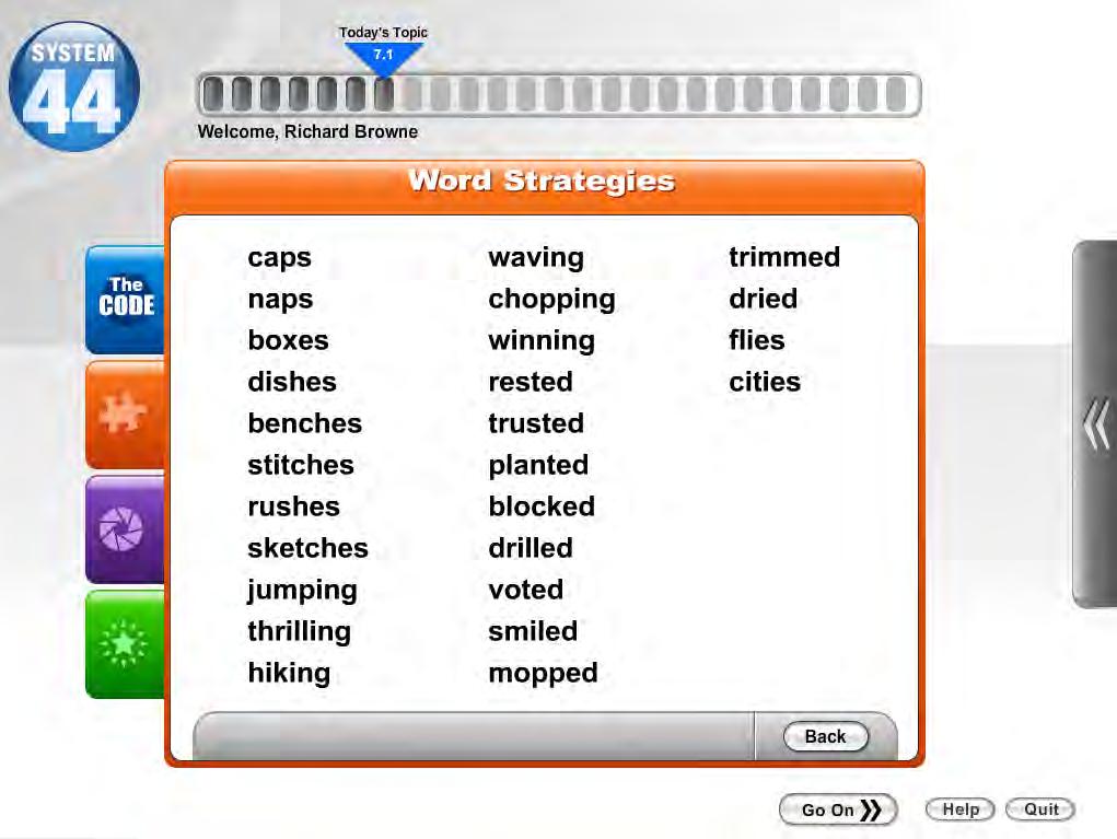Students who click the center piece on the puzzle screen see a list of words that demonstrate that particular word strategy, whether it is prefixes, suffixes, syllable types, endings, or roots.