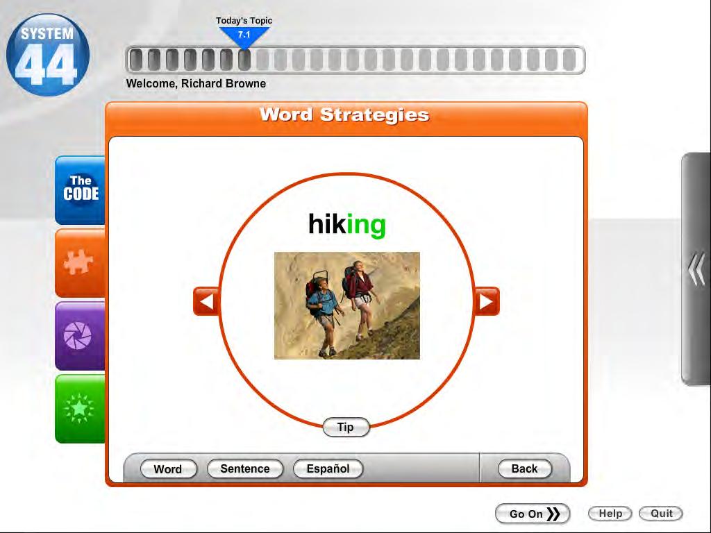 The word screen, regardless of which type of word strategy students are exploring, displays one word highlighting the selected strategy.
