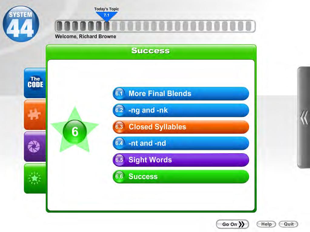 Students may see their progress in each of the 25 Series by clicking the Series number. This advances them to a screen that displays their progress in each of the Topics for that strand.