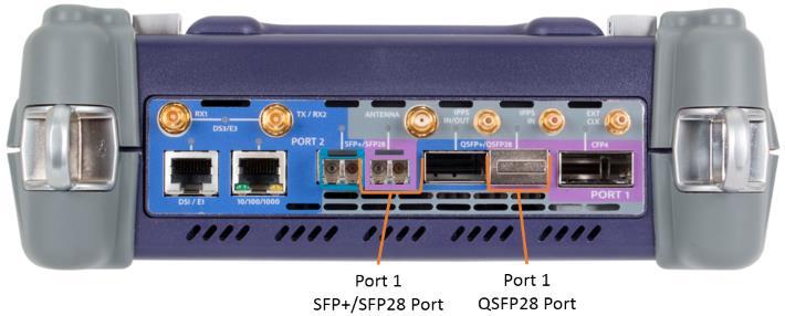 For copper 10/100/1000BASE-T interface testing with the T-BERD/MTS 5800-100G, insert a copper SFP into the Port 1 SFP+/SFP28 slot and connect to the port under test using CAT 5E or better cable. 3.