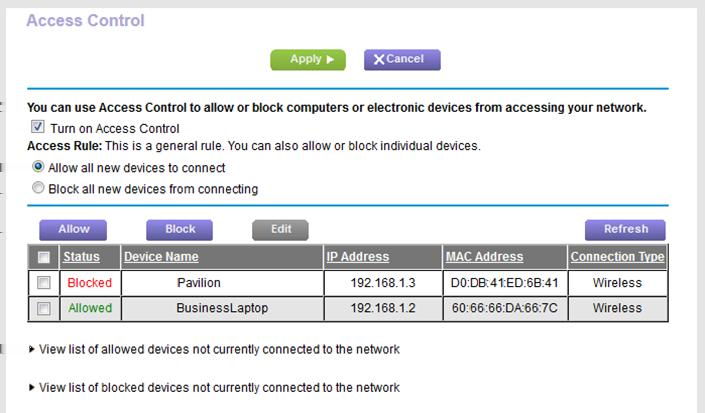 To either continue to allow or to block other computers and devices that are currently connected, select the check box next to the computer or device in the table, and click either the Allow button