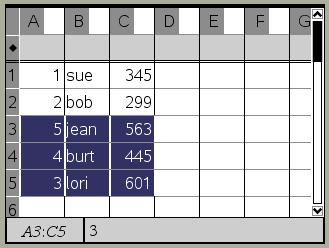 Sorting entire columns 1. Select the range of columns to sort. 2. Press b to display the Lists & Spreadsheet menu. 3. On the Actions menu, select Sort. 4.