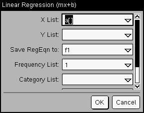 2. Press b to display the Lists & Spreadsheet menu. 3. On the Statistics menu, select Stat Calculation, and select Linear Regression (mx+b) to choose the regression model.