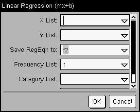 7. Type {1,2,3,4,5} as X List. 8. Press e to move to the Y List box. 9. Type {5,8,11,14,17} as Y List. 10.