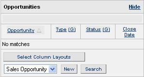 XRMS Open Source User Guide Figure 31:Opportunities Sidebar Box Click on the opportunity name in the Opportunity column to view its details. Click Select Column Layouts. For details, see 4.1.2.1. Select the opportunity type from the drop-down list and click New to add a new opportunity according to the selected opportunity type.
