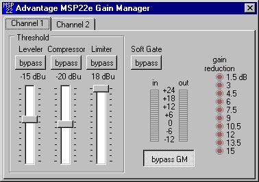SETUP GAIN MANAGER SCREEN The Gain Manager screen is used to adjust Leveler, Compressor, Limiter & Soft Gate settings for each Channel.