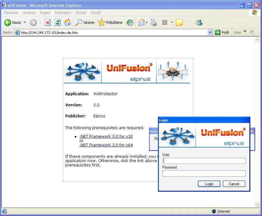 Access to the visualisation Concept: Multi-user graphical interface (GUI) performed as WEB SCADA system Data access over the Internet by the startup from Internet browser.