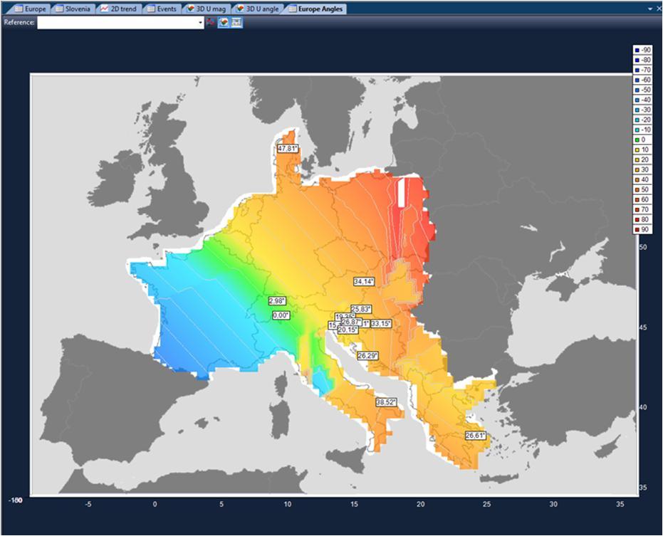 Geographical angle visualisation Two/three-dimensional map shows the voltage angles in different colours.