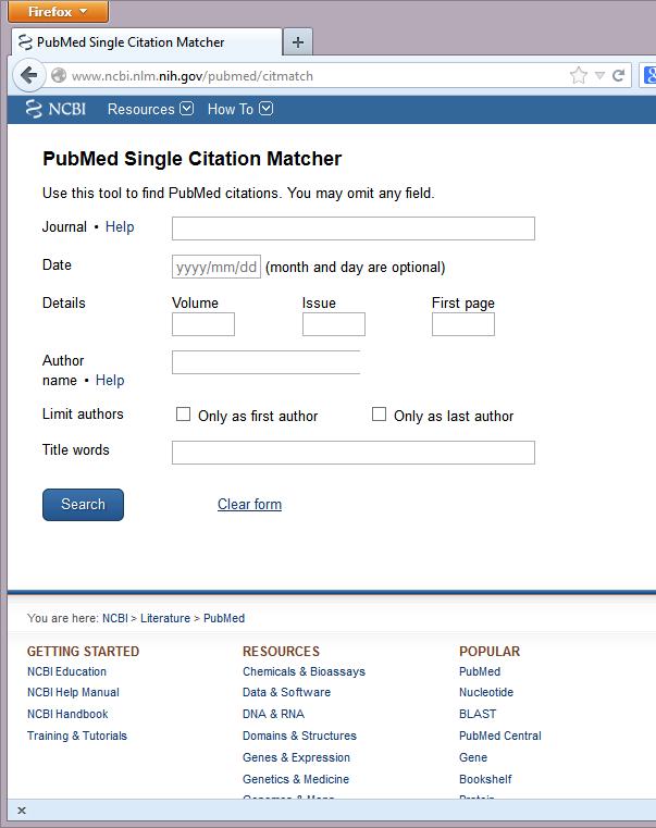 Citation Matcher Locate an article when you know the author name / title / journal name / volume /