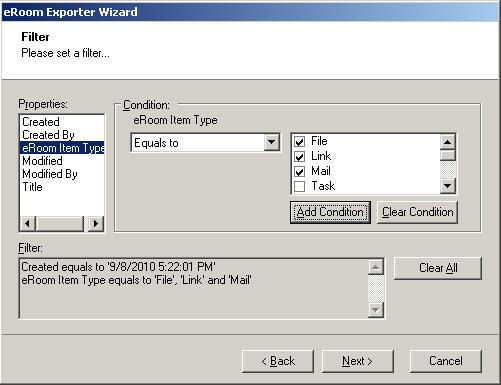 Set up filtering as follows: a) In the Properties field, select a property.