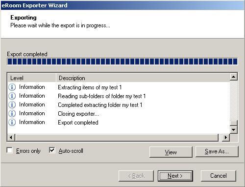 Figure 12: Exporter Progress Screen You can save the export report by clicking Save As after the export is complete. You can display only export errors and warnings by checking Errors only.