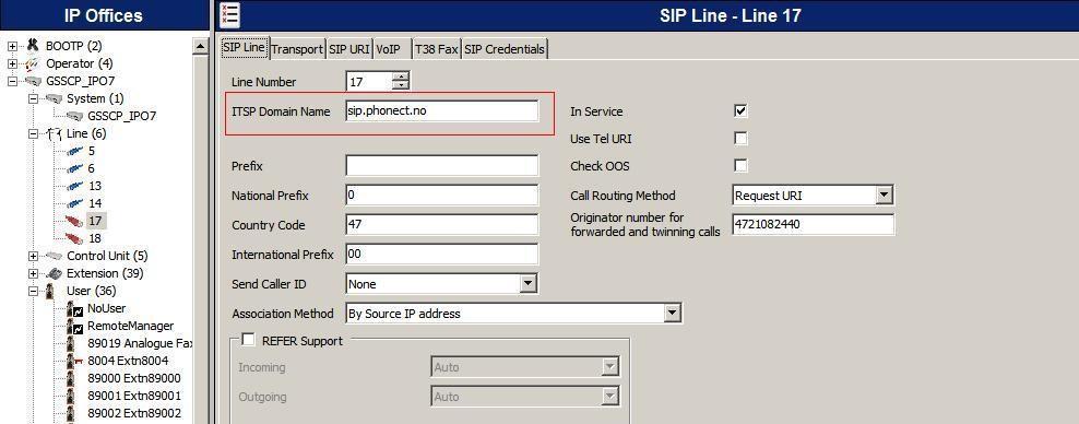 5.5. Administer SIP Line A SIP line is needed to establish the SIP connection between IP Office and the Phonect SIP Trunking service.