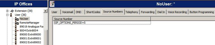 The SIP_OPTIONS_PERIOD parameter will appear in the list of Source Numbers as shown below. For the compliance test, an OPTIONS period of 5 minutes was desired.