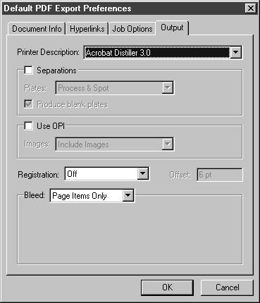 PDF Filter 1 Setting preferences for printing the PDF file Use the Output tab of the PDF Export Preferences dialog box to specify settings for PDF files that will later be printed to output devices: