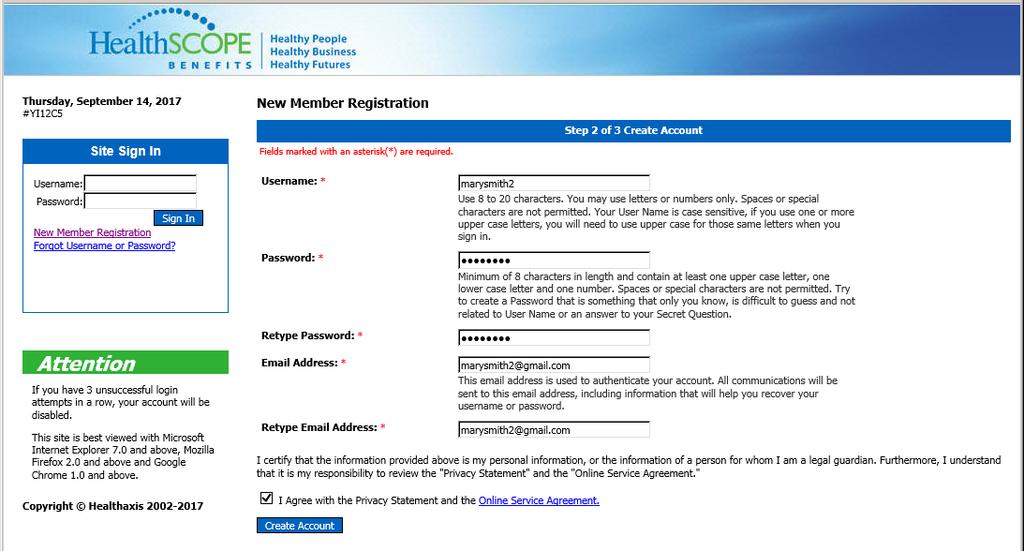 Step 9: Click Create Account. Step 10: On the third Member Registration screen, set up your Security Question and Answer.