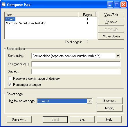Using Desktop Messaging for Novell GroupWise If you choose to send your fax to a specific destination (for example, a fax machine), the Cover page text box becomes active.