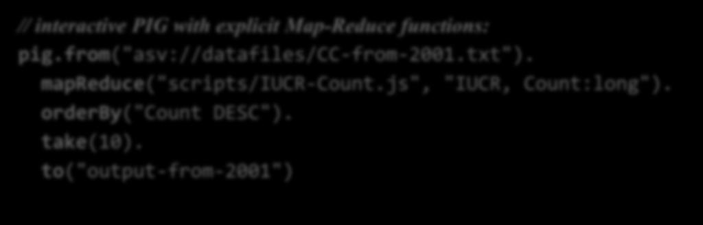 // interactive PIG with explicit Map-Reduce functions: pig.