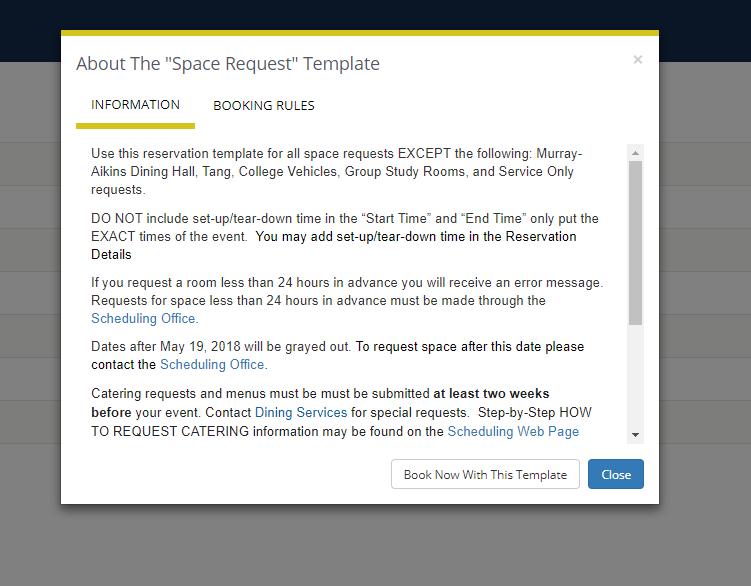 Choose the appropriate reservation template for the space/service